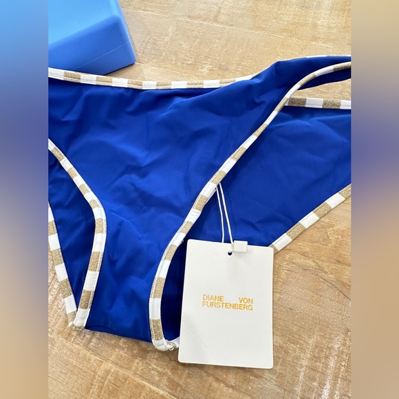 Diane Von Furstenberg Classic Bikini Blue Gold metallic swim bottom travel bag - Picture 4 of 10